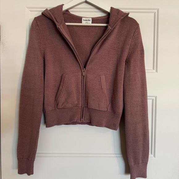 Aritzia Sunday Best Danes Dusty Rose Knit Zip-Up Hoodie Size S - Organic Cotton - Picture 4 of 14